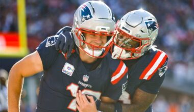 New England Patriots quarterback Drake Maye (10) celebrates with wide receiver Stefon Diggs (8) after a touchdown during the second half of an NFL football game against the Cleveland Browns, Sunday, Oct. 26, 2025, in Foxborough, Mass.
