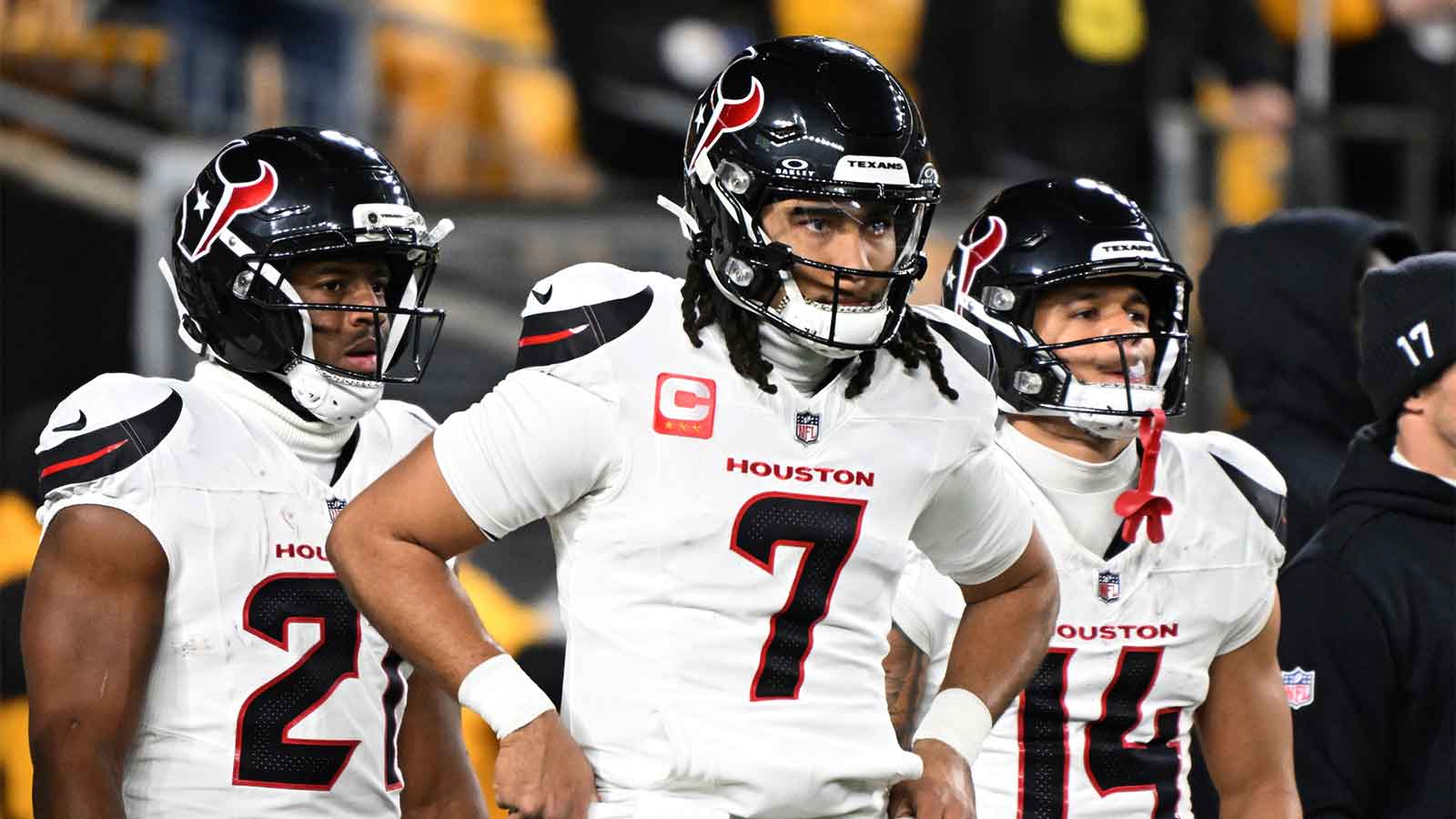 Houston Texans quarterback C.J. Stroud (7) warms up before an AFC Wild Card Round game against the Pittsburgh Steelers at Acrisure Stadium.