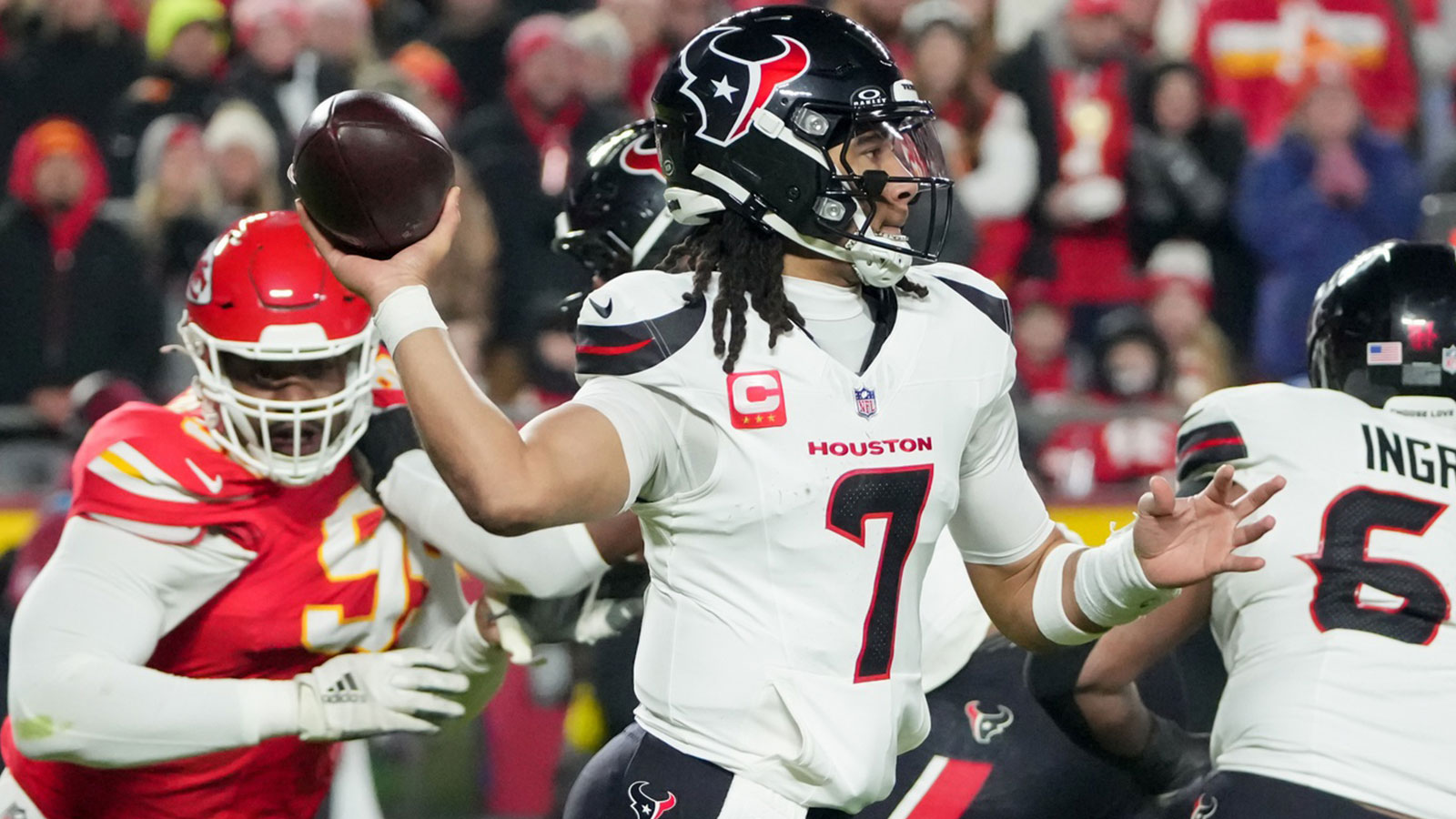 Houston Texans quarterback C.J. Stroud (7) throws a pass during the second quarter against the Kansas City Chiefs at GEHA Field at Arrowhead Stadium.