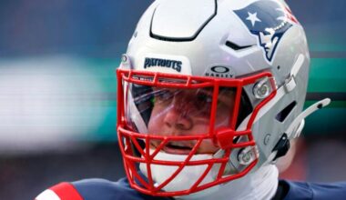 New England Patriots offensive tackle Will Campbell (66) during warmups. The New England Patriots played the Miami Dolphins at Gillette Stadium on Jan. 4, 2026.