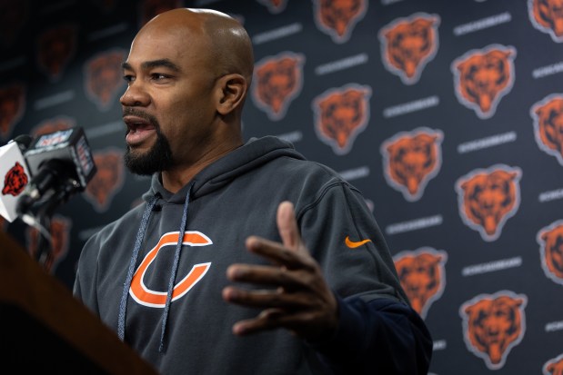 Bears wide receivers coach Antwaan Randle El on April 17, 2025, at Halas Hall. (Audrey Richardson/Chicago Tribune)
