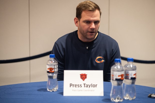 Bears passing game coordinator Press Taylor talks with the media during a news conference at Halas Hall on April 17, 2025, in Lake Forest. (Audrey Richardson/Chicago Tribune)