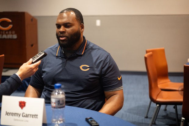 Bears defensive line coach Jeremy Garrett on April 17, 2025, at Halas Hall. (Audrey Richardson/Chicago Tribune)