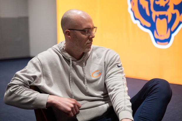 Bears tight ends coach Jim Dray on April 17, 2025, at Halas Hall. (Audrey Richardson/Chicago Tribune)