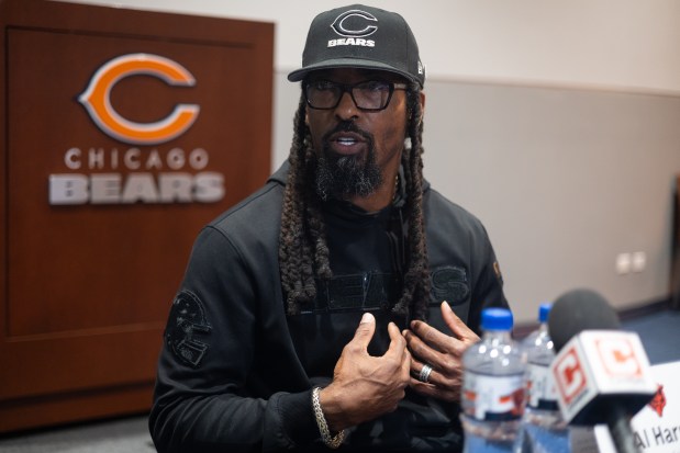 Bears secondary coach Al Harris on April 17, 2025, at Halas Hall. (Audrey Richardson/Chicago Tribune)