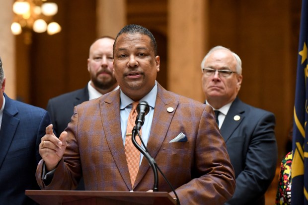 State Rep. Earl Harris, D-East Chicago, speaks during a press conference following the House Ways and Means committee passing Senate Bill 27, a stadium authority bill that will create the financial structure for a Chicago Bears stadium, at the Indiana State House in Indianapolis, Indiana, Thursday, Feb. 19, 2026. The bill still needs to be heard and passed by the whole House, which could happen as early as Tuesday. (Andy Lavalley/for the Post-Tribune)