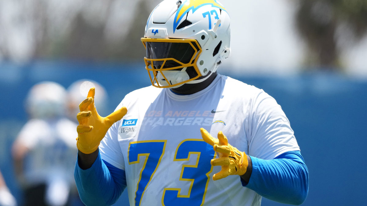 Los Angeles Chargers guard Mekhi Becton (73) during organized team activities at The Bolt.