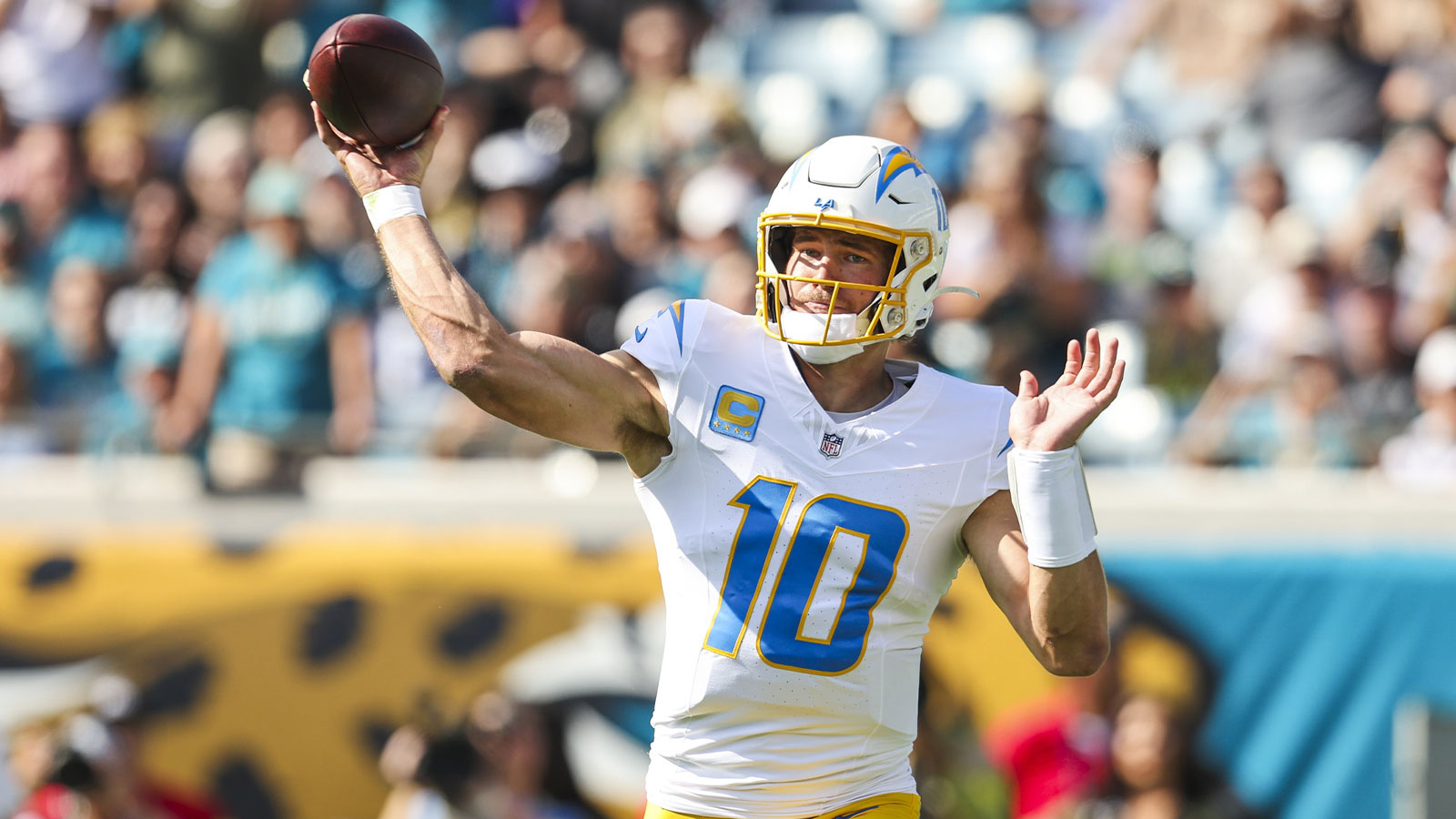 Los Angeles Chargers quarterback Justin Herbert (10) passes against the Jacksonville Jaguars during the first quarter at EverBank Stadium.