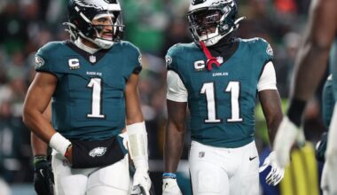 Philadelphia Eagles quarterback Jalen Hurts (left) and A.J. Brown talk in 2024, happier times.