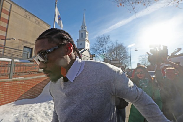 New England Patriot wide receiver Stefon Diggs appears at Dedham District Court. (Staff photo by Stuart Cahill)