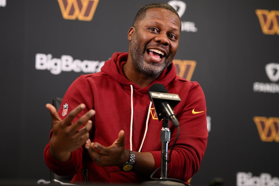 Washington Commanders defensive coordinator Daronte Jones speaks to the media during an NFL...