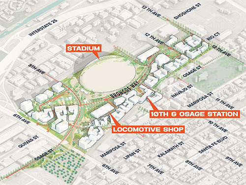 Denver-Stadium-Site-Map Conceptual map of proposed Broncos stadium at Burnham Yard with surrounding mixed-use development and 10th & Osage station.