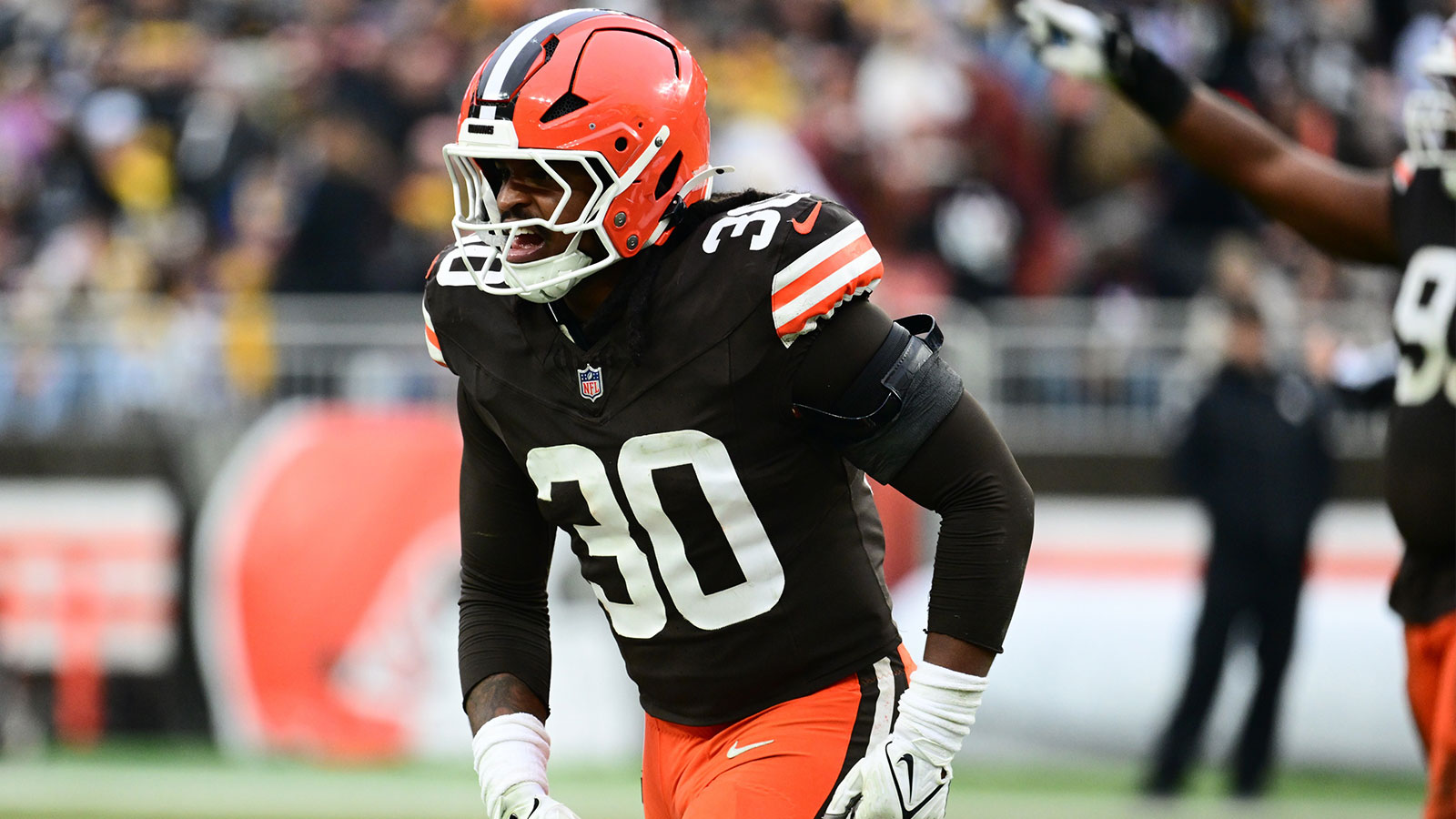 Cleveland Browns linebacker Devin Bush (30) reacts after Pittsburgh Steelers miss a field goal in the third quarter at Huntington Bank Field. 