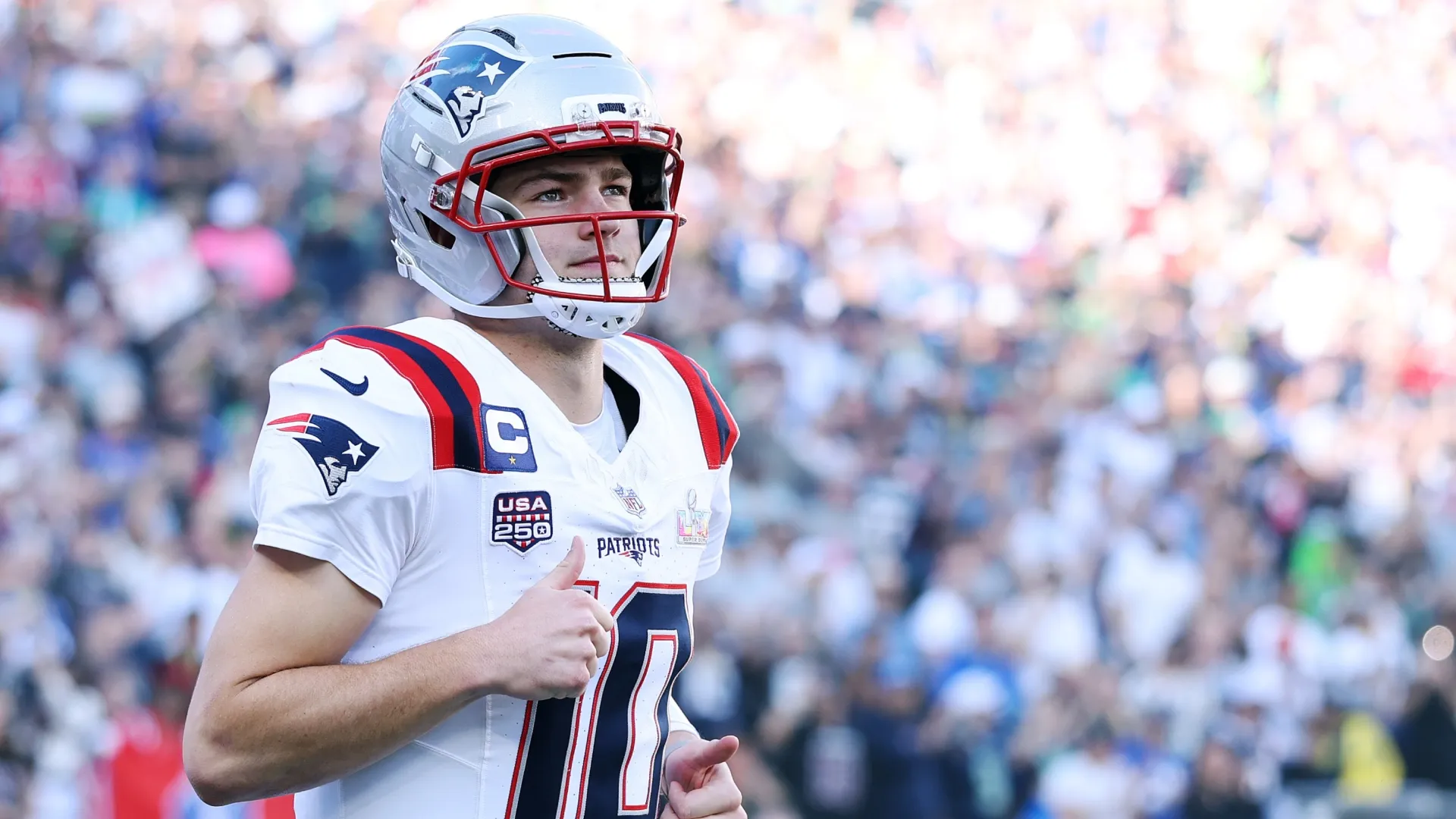 Drake Maye of the Patriots takes the field during Super Bowl LX (Source: Kevin C. Cox/Getty Images)