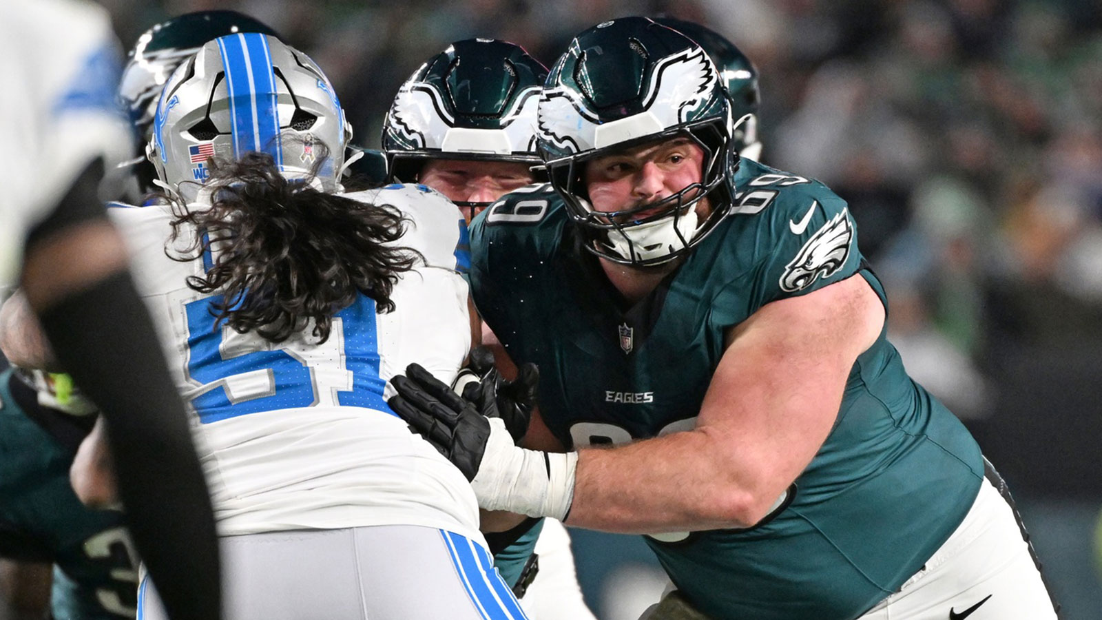 Philadelphia Eagles guard Landon Dickerson (69) blocks Detroit Lions defensive tackle Roy Lopez (51) at Lincoln Financial Field.