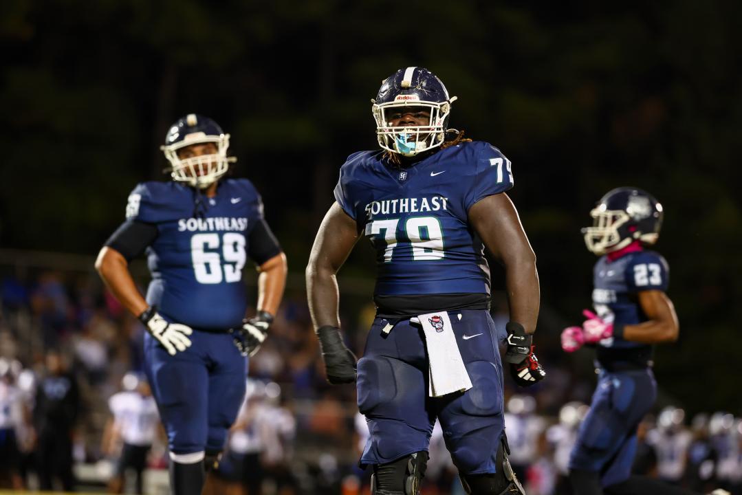 Grayson Williams (79) of Southeast Raleigh. Southeast Raleigh defeated Clayton on October 3rd, 2025 (Photo: Joshua Chayer/HighSchooOT)