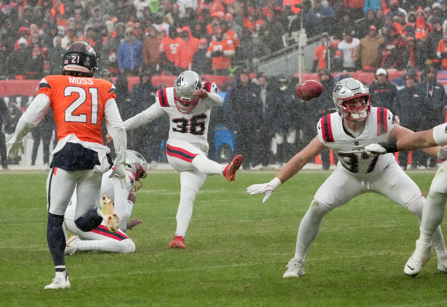 Rookie kicker Andy Borregales (36) made 31 of 38 field goal attempts this season, and hit some big ones in the playoff, including this one in the AFC Championship game in snowy Denver. 