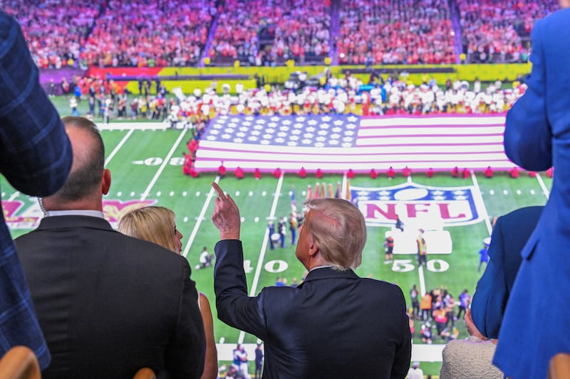 President Donald Trump and Ivanka Trump (L) watch the pre-game show  before Super Bowl LIX between the Kansas City Chiefs and the Philadelphia Eagles at Caesars Superdome in New Orleans, Louisiana, February 9, 2025.
