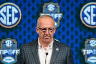 FILE - Greg Sankey, commissioner of the Southeastern Conference, speaks during NCAA college...
