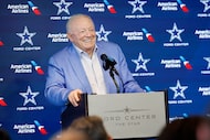 Dallas Cowboys owner Jerry Jones answers questions from the media before the Season Kickoff...