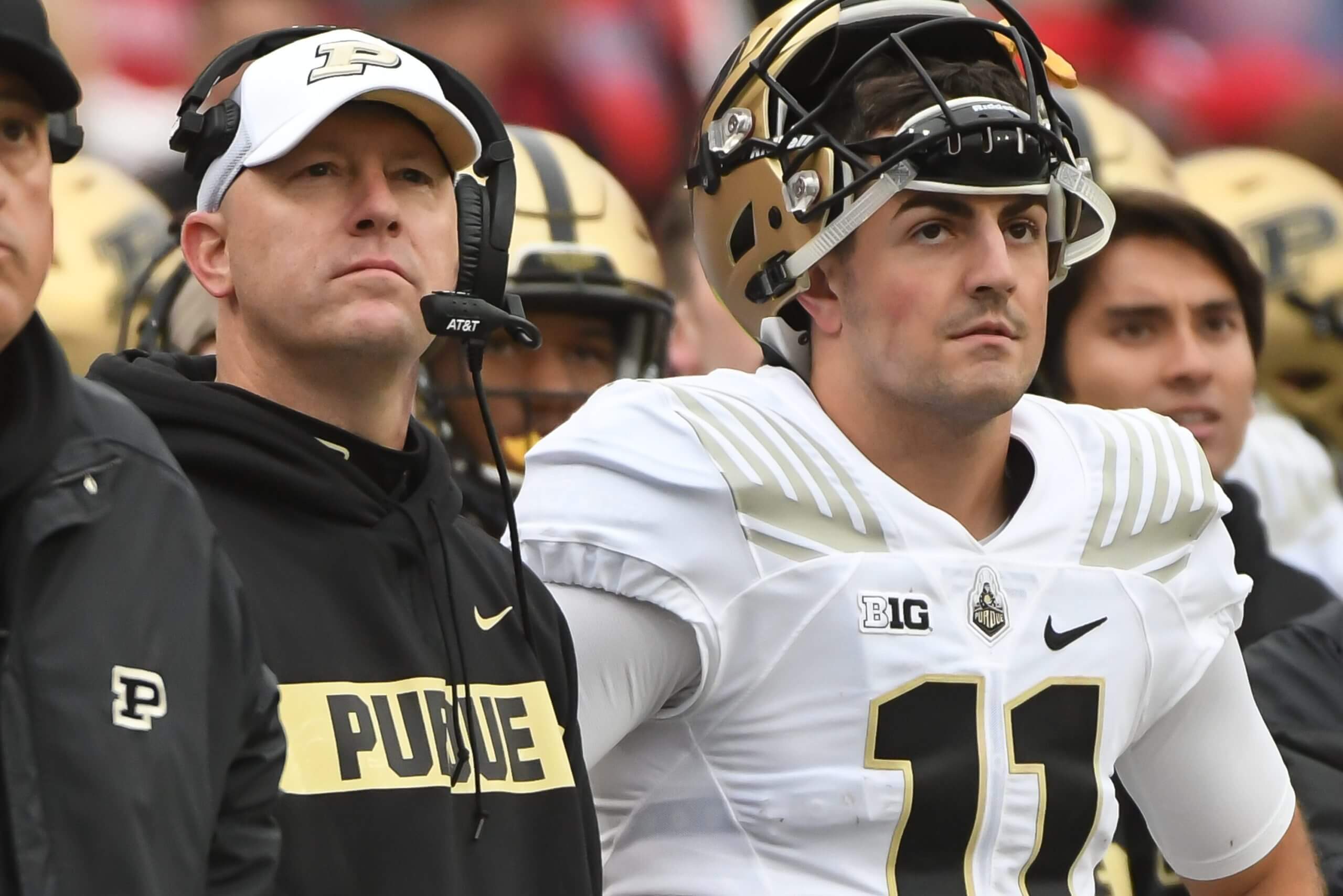 Former Purdue coach Jeff Brohm, left, and former Purdue quarterback David Blough, right, in 2018.
