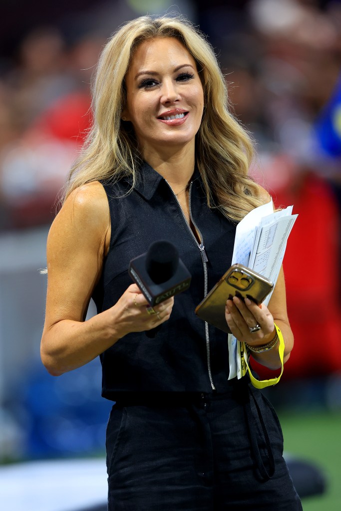 Jen Hale, Fox Sports NFL sideline reporter working during the Friday evening NFL preseason football game between the Atlanta Falcons and the Detroit Lions on August 8, 2025.