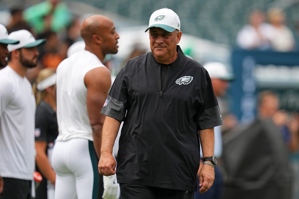 Defensive coordinator Vic Fangio of the Philadelphia Eagles looks on prior to the NFL Preseason 2025 game against the Cleveland Browns at Lincoln Financial Field on August 16, 2025 in Philadelphia, Pennsylvania. 