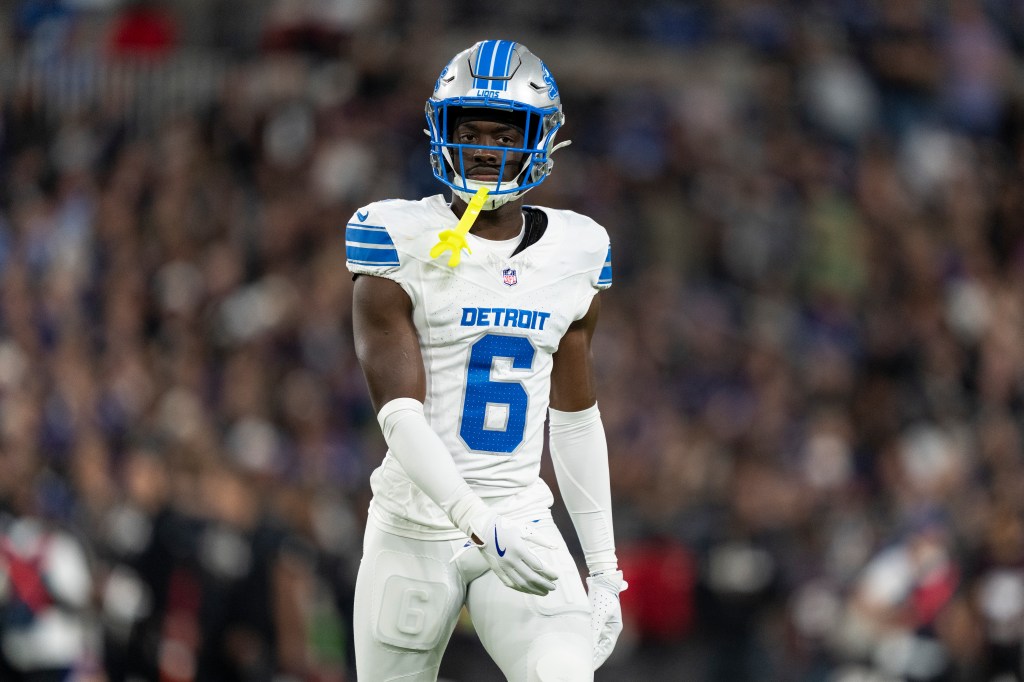 Terrion Arnold #6 of the Detroit Lions looks on during an NFL football game against the Baltimore Ravens at M&T Bank Stadium on September 22, 2025 in Baltimore, Maryland. 