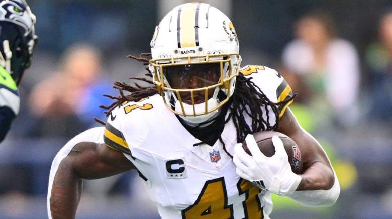SEATTLE, WASHINGTON - SEPTEMBER 21: Alvin Kamara #41 of the New Orleans Saints carries the ball against the Seattle Seahawks during the first quarter at Lumen Field on September 21, 2025 in Seattle, Washington. (Photo by Jane Gershovich/Getty Images)