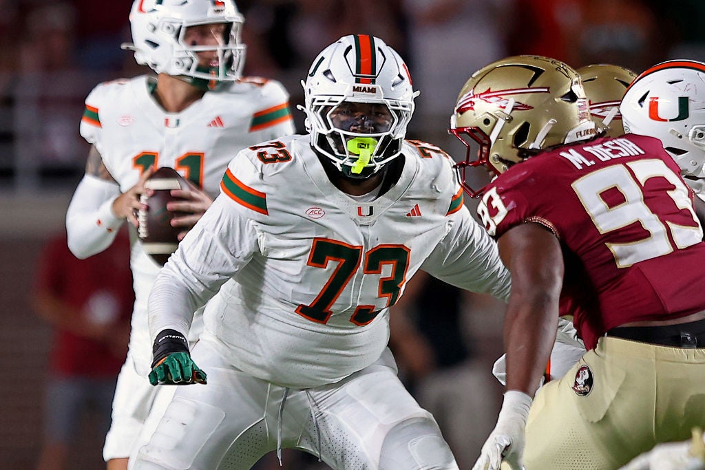 TALLAHASSEE, FLORIDA - OCTOBER 4: Anez Cooper #73 of the Miami Hurricanes provides pass blocking in the first half of the game against the Florida State Seminoles at Doak S. Campbell Stadium on October 4, 2025 in Tallahassee, Florida. (Photo by Jason Clark/Getty Images)
