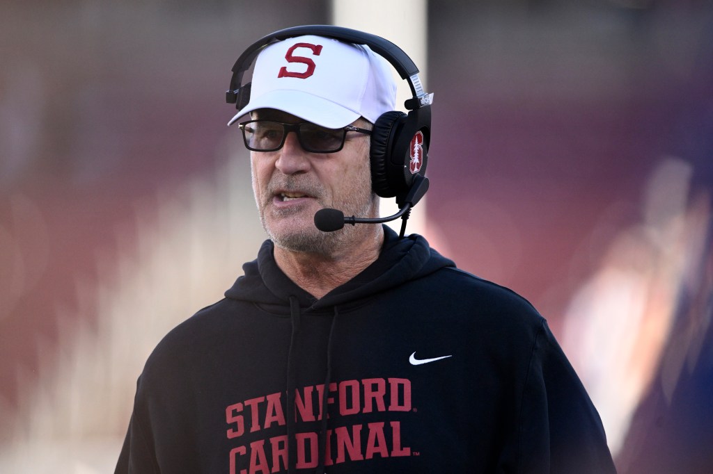 Head coach Frank Reich of the Stanford Cardinal looks on against the Pittsburgh Panthers in the third quarter at Stanford Stadium on November 01, 2025 in Stanford, California.