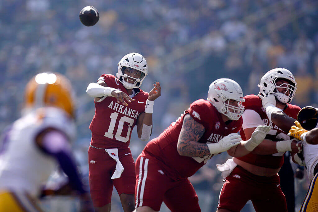 Taylen Green of the Arkansas Razorbacks passes the ball during the first quarter of an NCAA game against the LSU Tigers on Nov. 15, 2025.