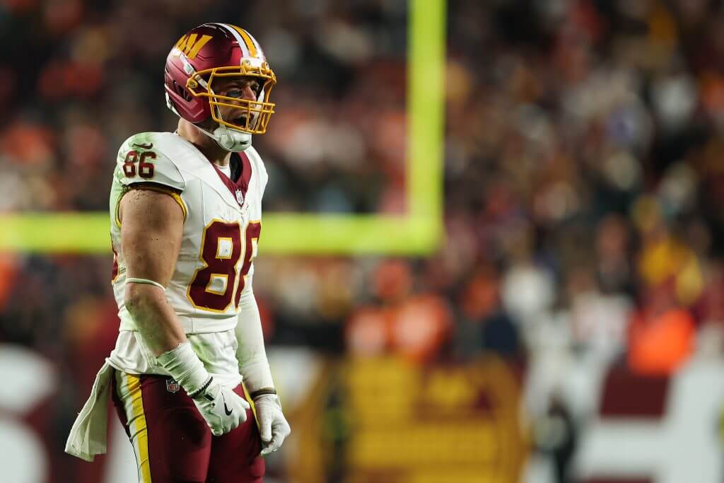 Washington Commanders tight end Zach Ertz celebrate a first down during a November 2025 game. 