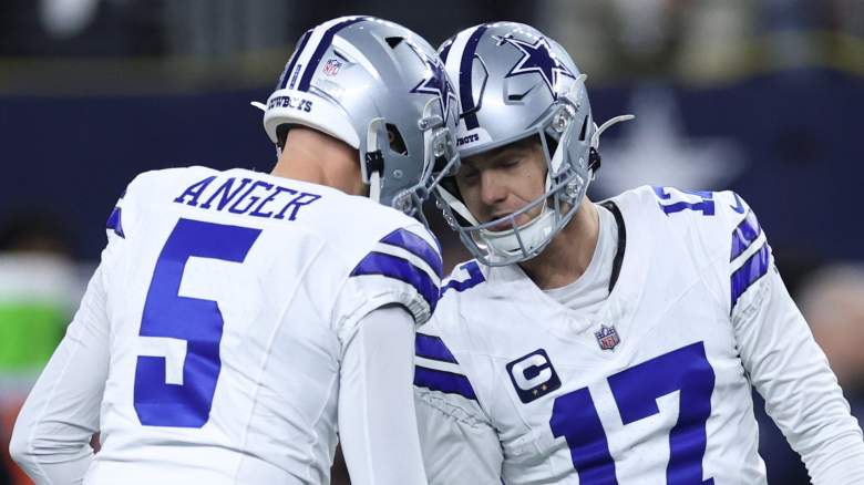 Brandon Aubrey #17 of the Dallas Cowboys celebrates with Bryan Anger #5