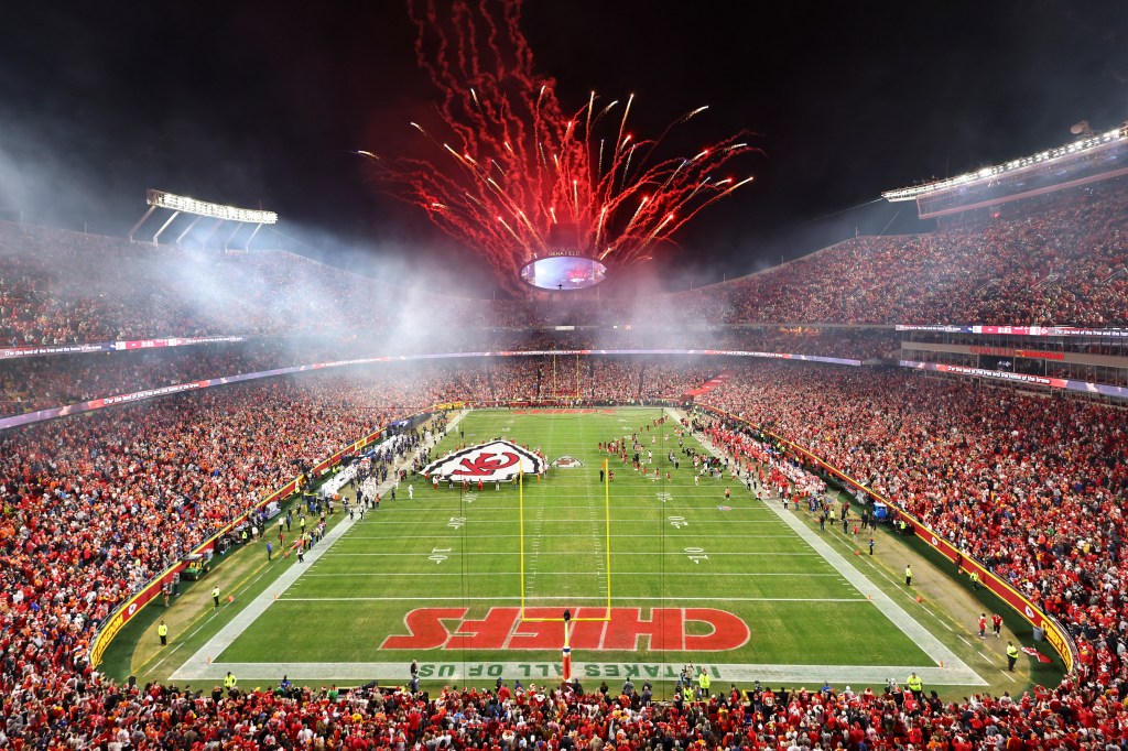 A wide view from the end zone of Arrowhead Stadium as fireworks explode during the National Anthem before a Christmas Day NFL game between the Denver Broncos and Kansas City Chiefs on December 25, 2025 in Kansas City, MO.