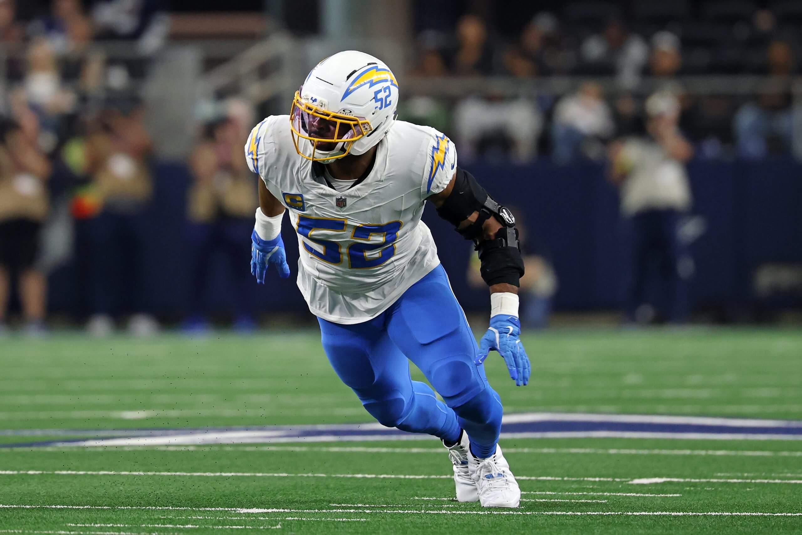 Khalil Mack #52 of the Los Angeles Chargers rushes the passer during a game against the Dallas Cowboys