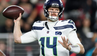SANTA CLARA, CALIFORNIA - JANUARY 03: Sam Darnold #14 of the Seattle Seahawks looks to throw a pass against the San Francisco 49ers during the first quarter of a game at Levi's Stadium on January 03, 2026 in Santa Clara, California. (Photo by Ezra Shaw/Getty Images)