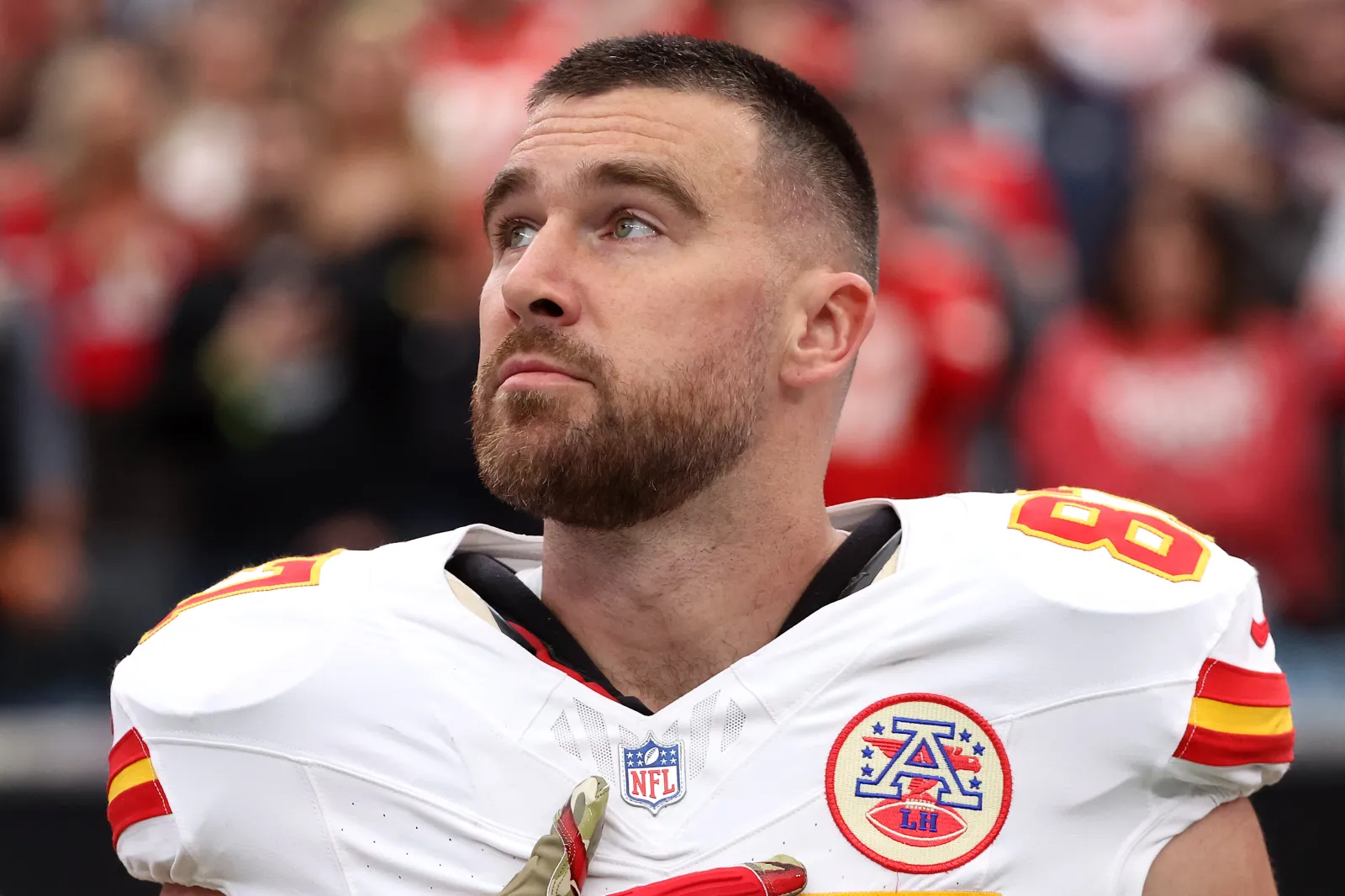 Travis Kelce #87 of the Kansas City Chiefs looks on prior to the game against the Las Vegas Raiders at Allegiant Stadium on January 04, 2026 in Las Vegas, Nevada.