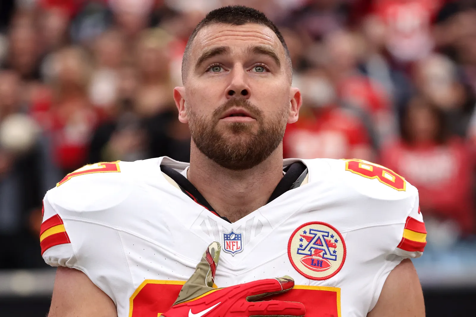 Travis Kelce #87 of the Kansas City Chiefs looks on prior to the game against the Las Vegas Raiders at Allegiant Stadium on January 04, 2026 in Las Vegas, Nevada.