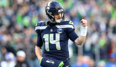 SEATTLE, WASHINGTON - JANUARY 25: Sam Darnold #14 of the Seattle Seahawks celebrates a first quarter touchdown against the Los Angeles Rams in the NFC Championship game at Lumen Field on January 25, 2026 in Seattle, Washington. (Photo by Steph Chambers/Getty Images)