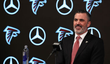 ATLANTA, GEORGIA - JANUARY 27: Kevin Stefanski speaks to the media after being introduced as the head coach of the Atlanta Falcons at Mercedes-Benz Stadium on January 27, 2026 in Atlanta, Georgia. (Photo by Kevin C. Cox/Getty Images)