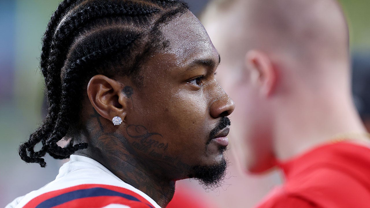 SANTA CLARA, CALIFORNIA - FEBRUARY 08: Stefon Diggs #8 of the New England Patriots looks on against the Seattle Seahawks during the fourth quarter in Super Bowl LX at Levi's Stadium on February 08, 2026 in Santa Clara, California. (Photo by Kevin C. Cox/Getty Images)