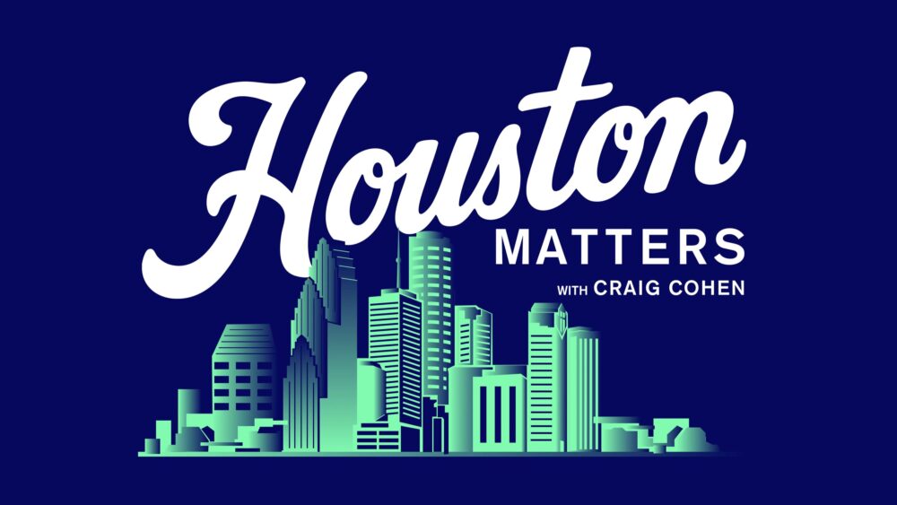 A mint green skyline against a dark blue background with the words Houston Matters with Craig Cohen in white