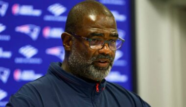 New England Patriots defensive coordinator Terrell Williams talks to reporters after practice at Gillette Stadium on Sept. 4, 2025.