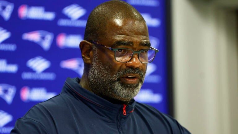 New England Patriots defensive coordinator Terrell Williams talks to reporters after practice at Gillette Stadium on Sept. 4, 2025.