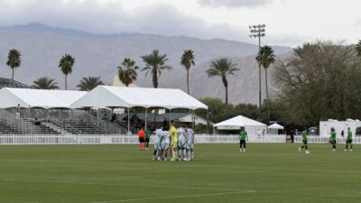 The Chicago Fire huddle before their preseason match against Austin FC at the Coachella Valley Invitational