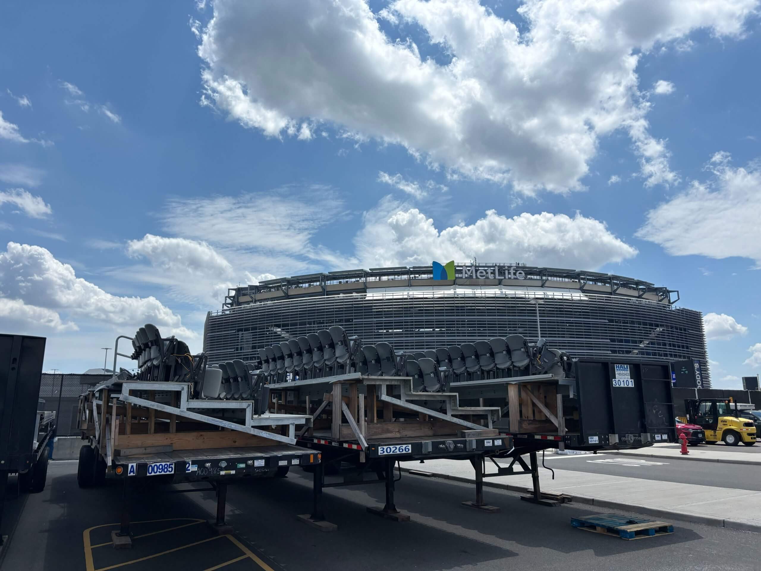 Removable bleachers sit outside MetLife Stadium
