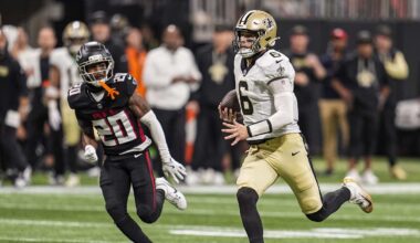 Jan 4, 2026; Atlanta, Georgia, USA; New Orleans Saints quarterback Tyler Shough (6) runs the ball during the game against the Atlanta Falcons during the second half at Mercedes-Benz Stadium. Mandatory Credit: Dale Zanine-Imagn Images