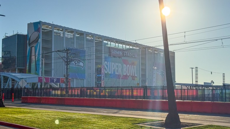 Super Bowl signage is displayed outside Levi’s Stadium in Santa Clara.