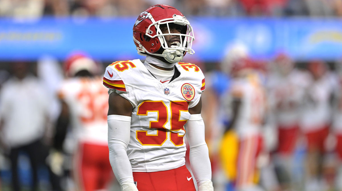 Kansas City Chiefs cornerback Jaylen Watson (35) celebrates after breaking up a pass for Los Angeles Chargers wide receiver Joshua Palmer (5) in the second half at SoFi Stadium.